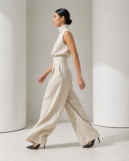 Side view of the Linnea oatmeal set in movement, the wide trouser leg swinging out