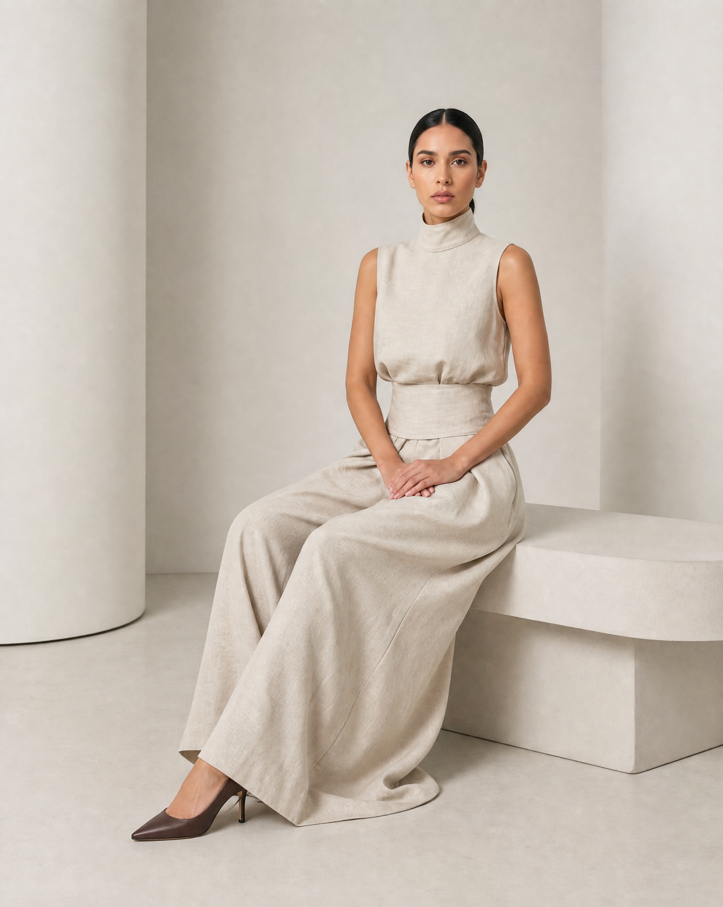 Model seated in the Linnea oatmeal set, showing how the top gathers above the waistband