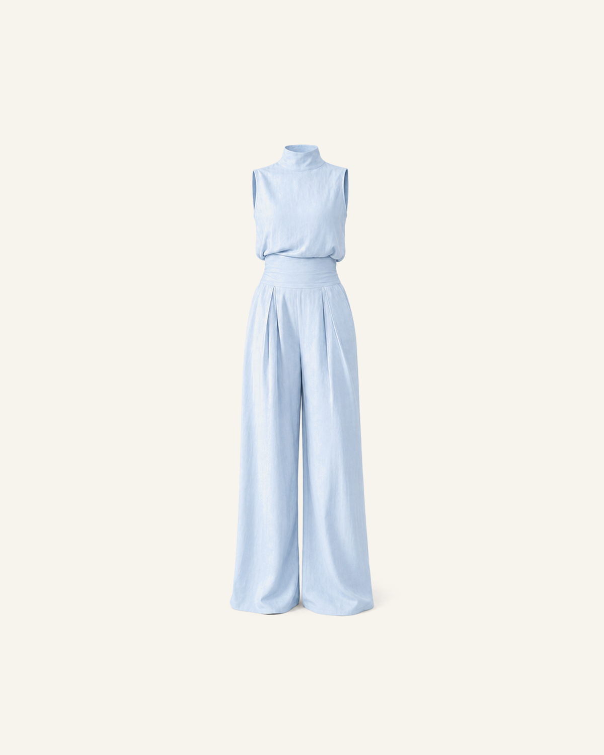The Linnea pleated wide-leg set in powder blue, mock-neck top and pleated wide-leg trousers, alone on a bone background