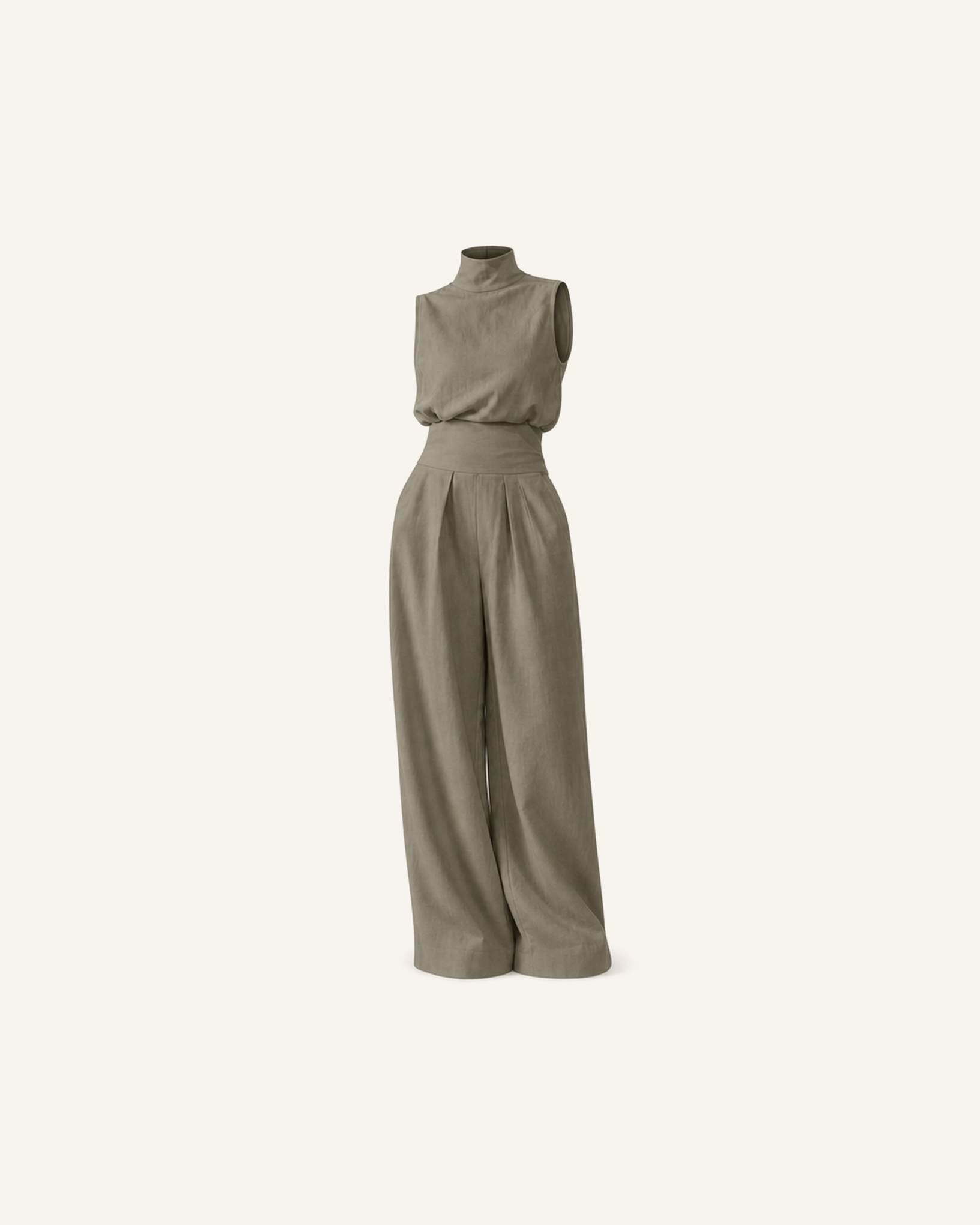 The Linnea pleated wide-leg set in sage green, mock-neck top and pleated wide-leg trousers, alone on a bone background