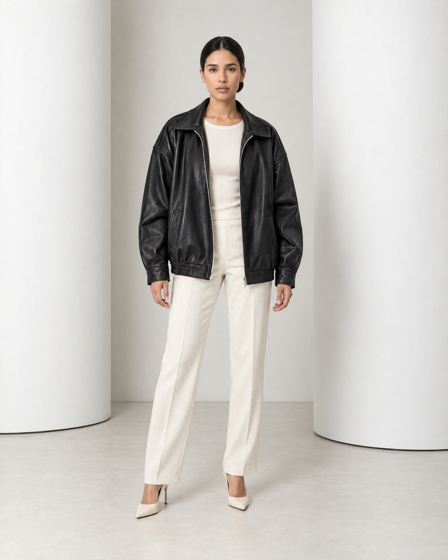 Liv oversized faux leather jacket in black, full-length front view worn open over ivory