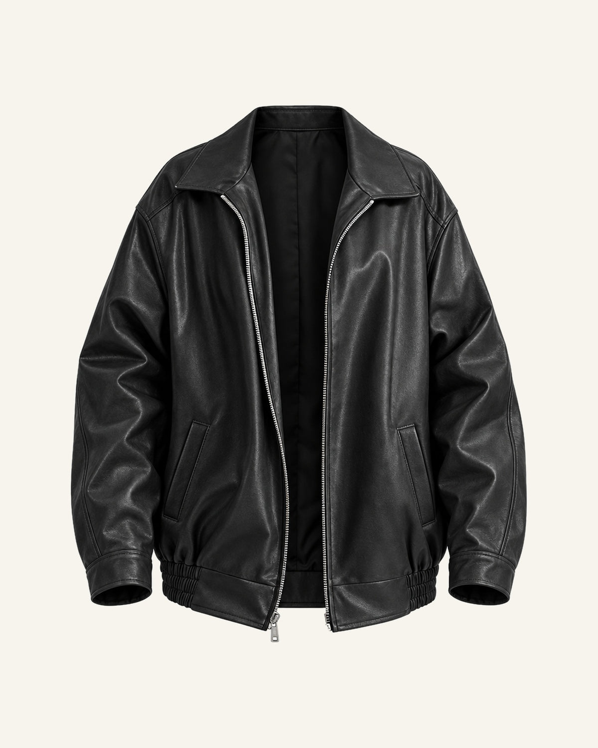 Liv black oversized faux leather jacket shown alone, front zip, two pockets and gathered hem