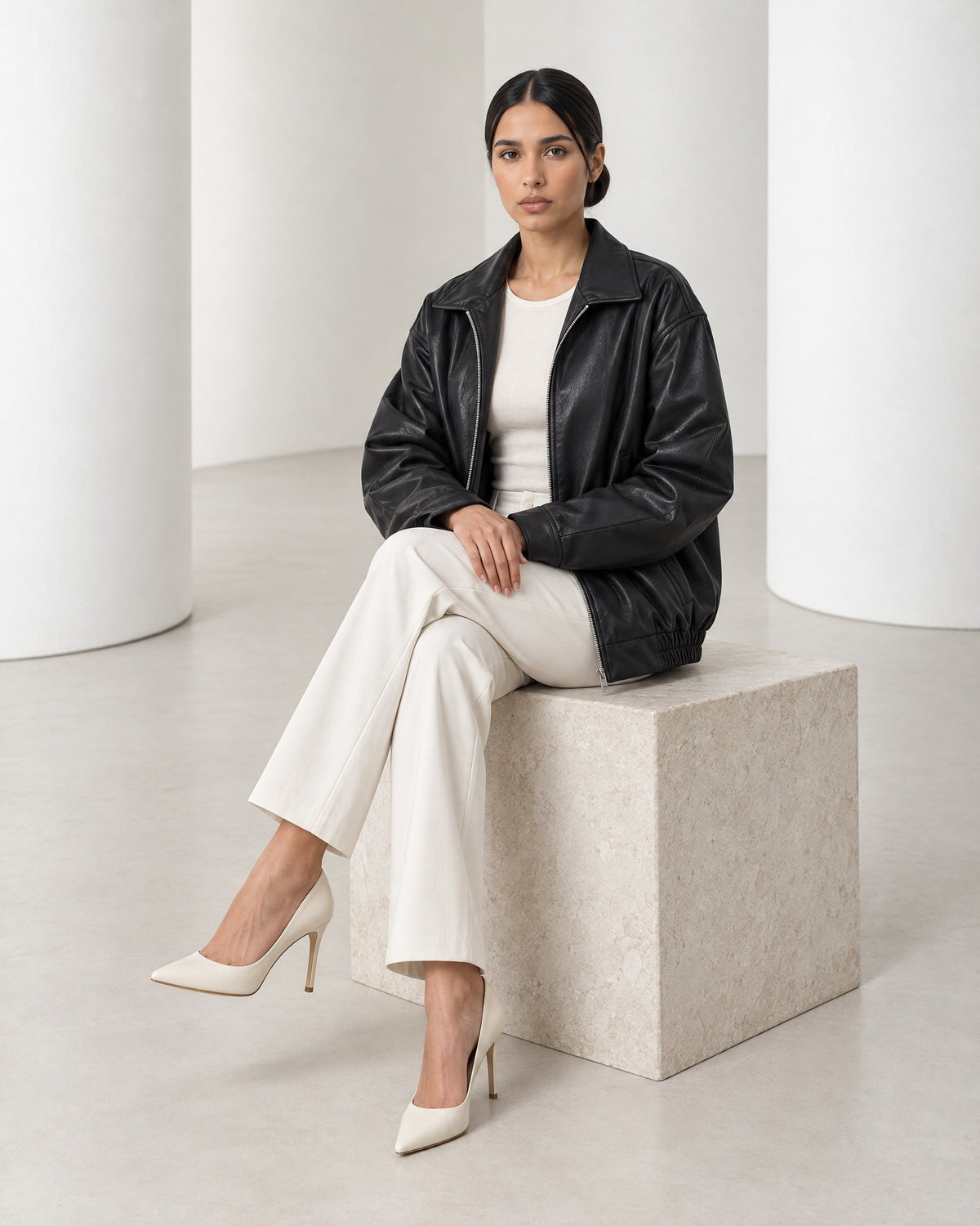 Liv jacket in black worn seated over an ivory knit and trousers