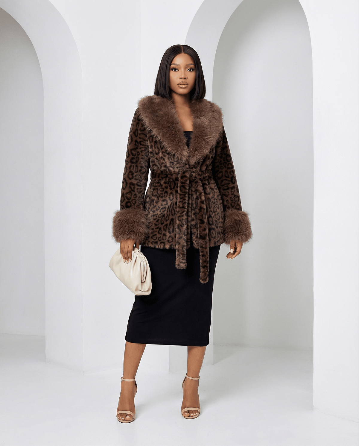Cocoa leopard Marbella belted faux-fur coat with fur shawl collar and cuffs, front, full length