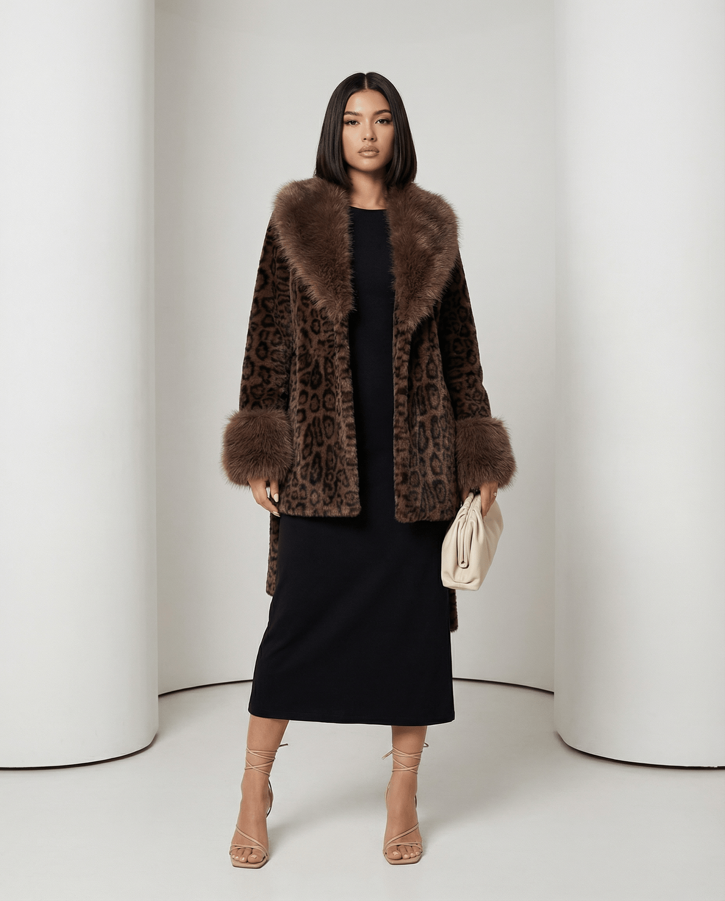 Leopard-print faux-fur coat with contrast brown collar, belt untied, front view, full length