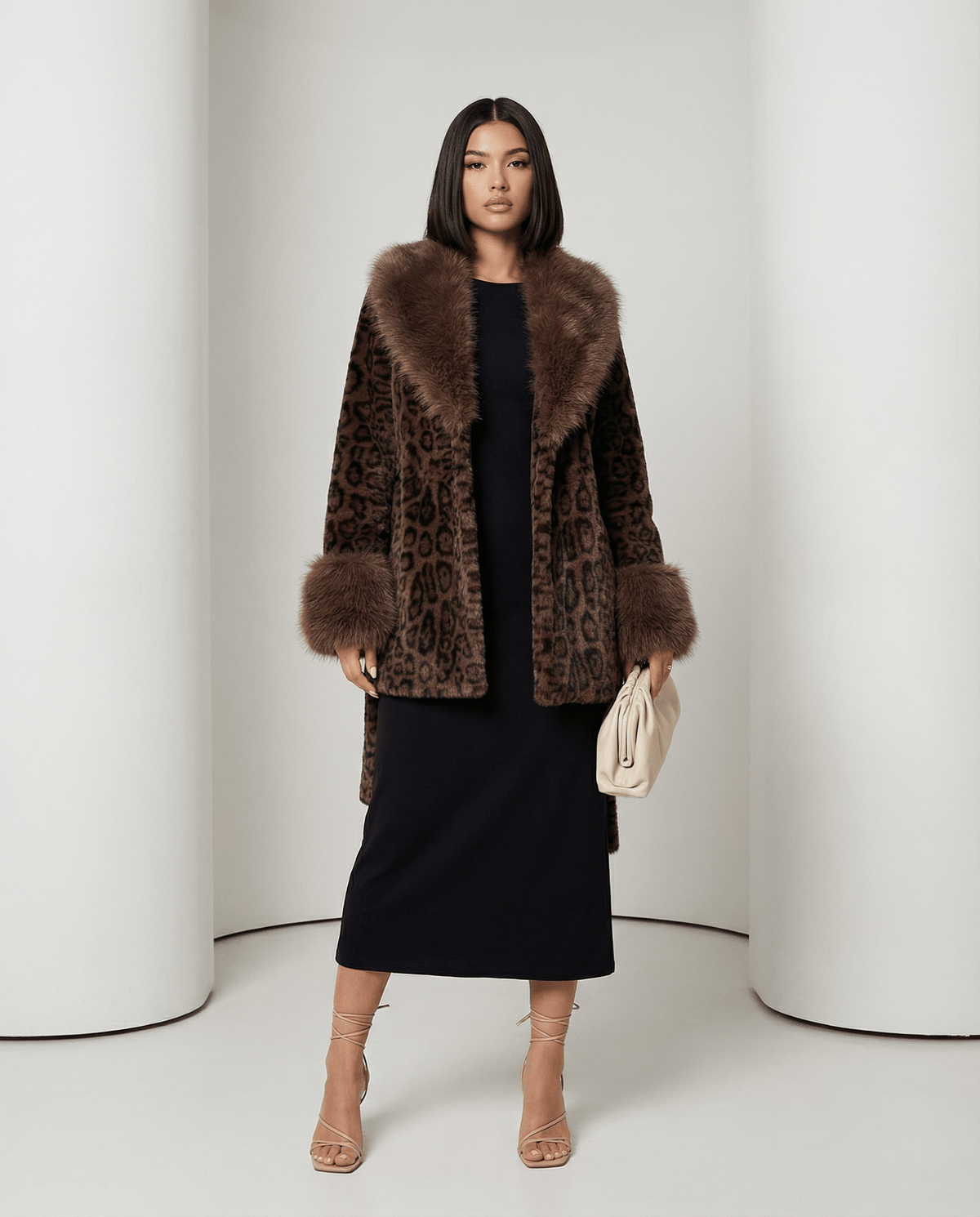 Leopard-print faux-fur coat with contrast brown collar, belt untied, front view, full length