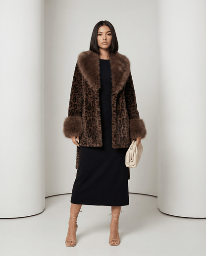 Leopard-print faux-fur coat with contrast brown collar, belt untied, front view, full length
