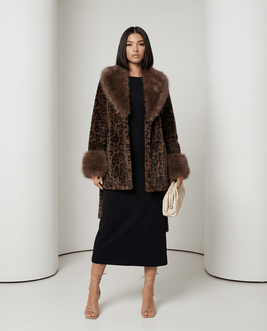 Cocoa leopard Marbella belted faux-fur coat with fur shawl collar and cuffs, front, full length