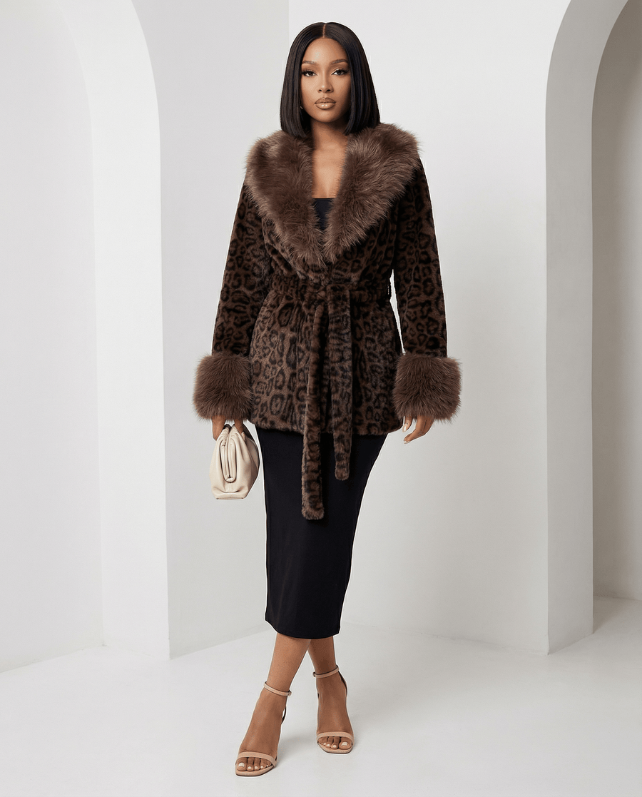 Cocoa leopard Marbella belted faux-fur coat with fur shawl collar and cuffs, front, full length