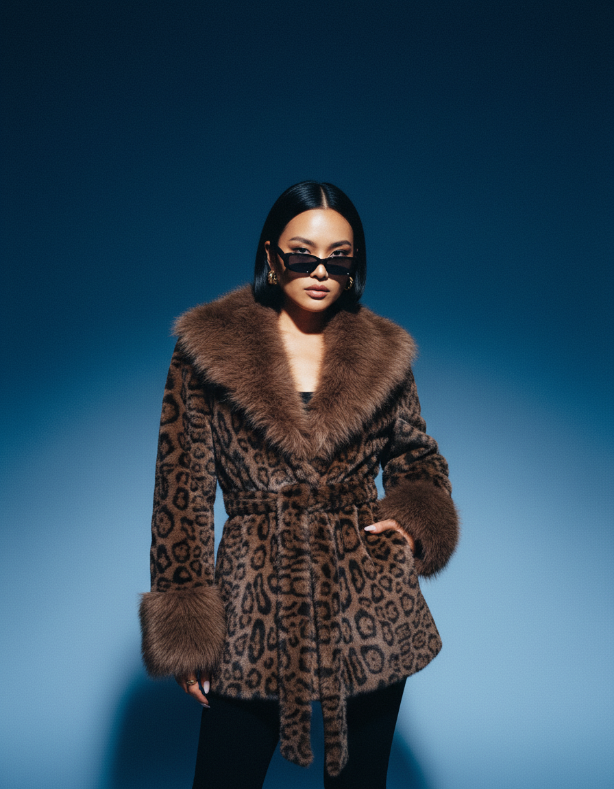 Cocoa leopard faux-fur coat worn with sunglasses on a deep blue backdrop, cropped at the thigh