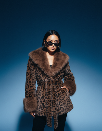Cocoa leopard faux-fur coat worn with sunglasses on a deep blue backdrop, cropped at the thigh