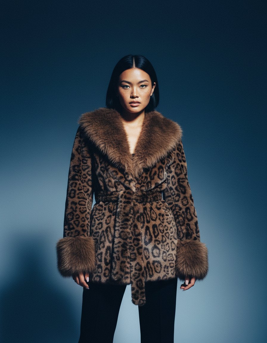 Belted cocoa leopard faux-fur coat over black trousers on a blue backdrop, cropped below the hem