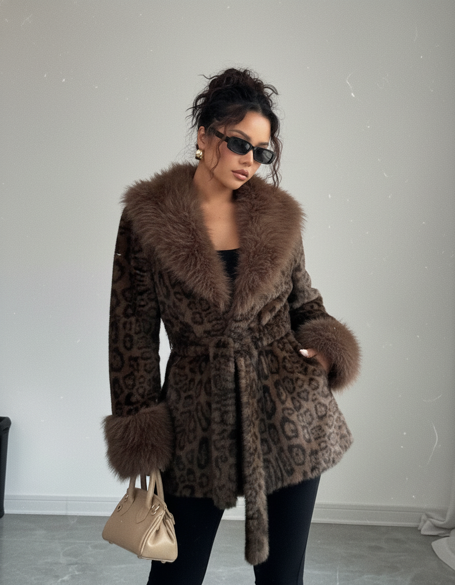 Cocoa leopard faux-fur coat with deep fur cuffs and tie belt, close crop from the thigh up