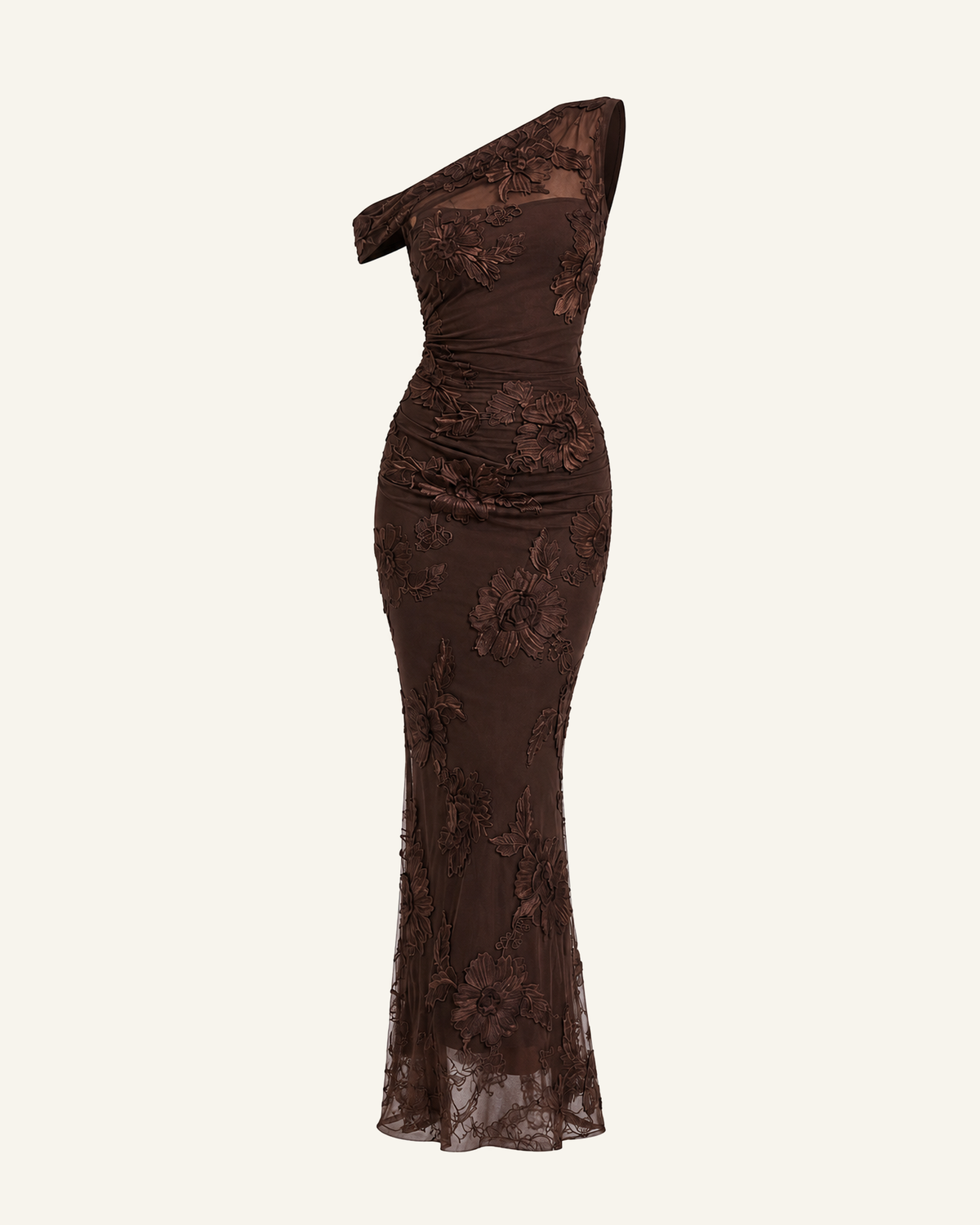 The Maren appliqué mesh gown in chocolate shown alone against a bone background, full length