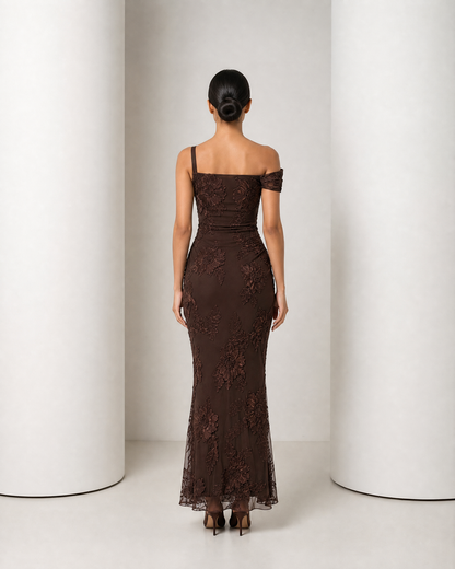 Back of the Maren gown, one continuous mesh panel with the floral appliqué carried over it