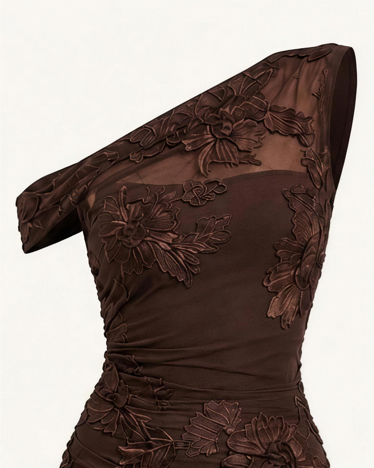Detail of the Maren shoulder, the draped sleeve meeting the sheer mesh yoke panel