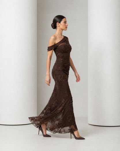 Side view of the Maren gown in movement, the sheer mesh hem lifting and trailing behind