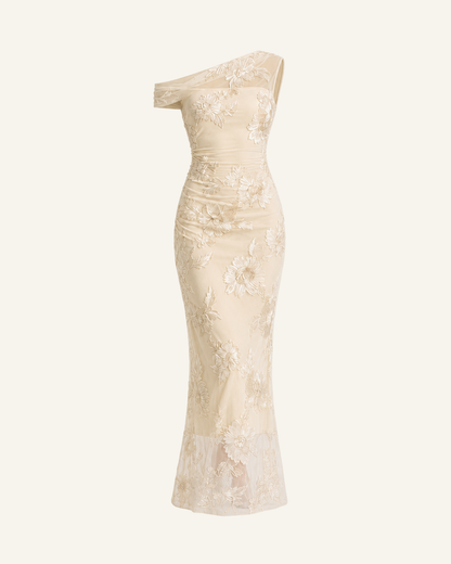 The Maren appliqué mesh gown in ivory, shown alone against a bone background, full length