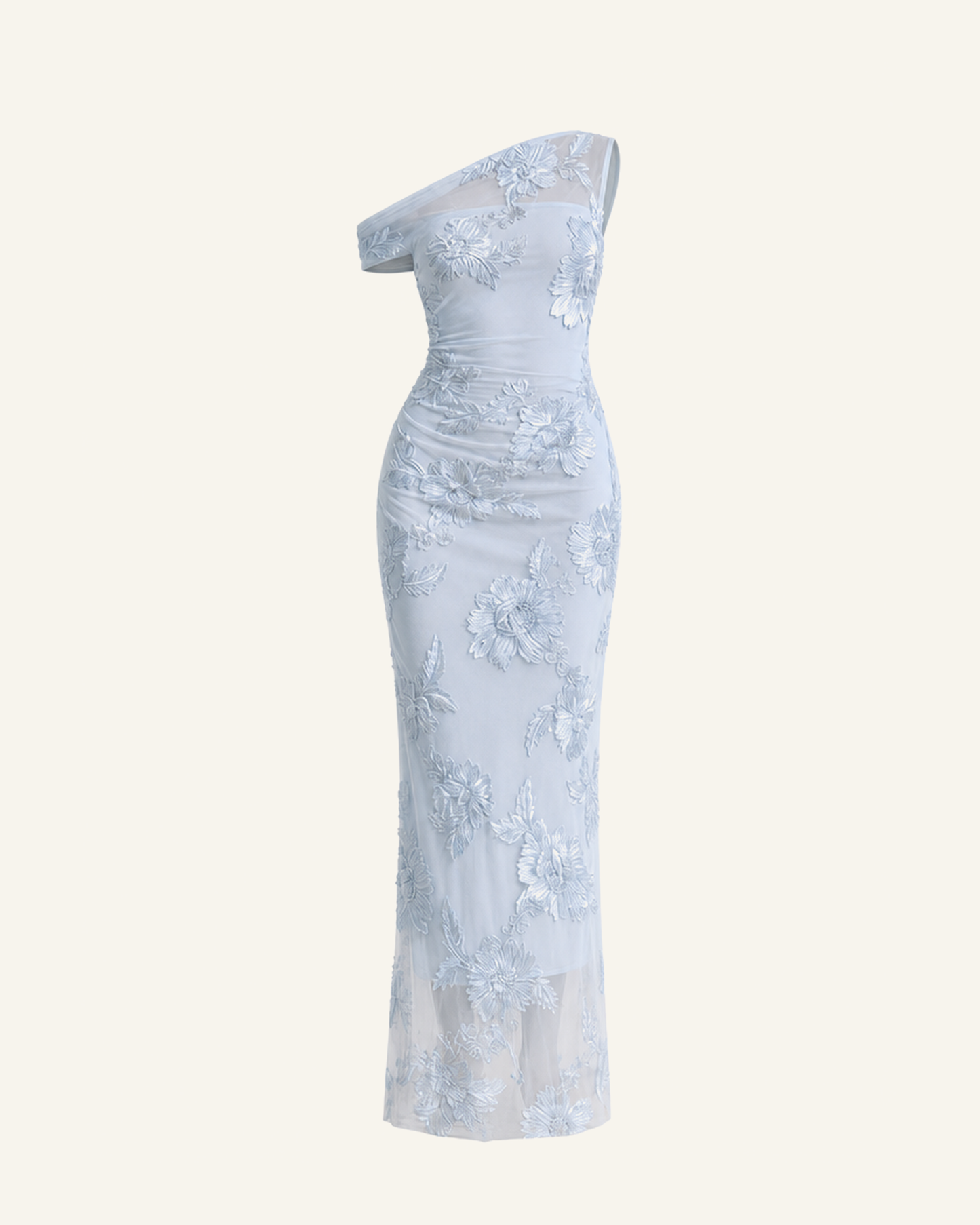 The Maren appliqué mesh gown in powder blue, shown alone against a bone background, full length