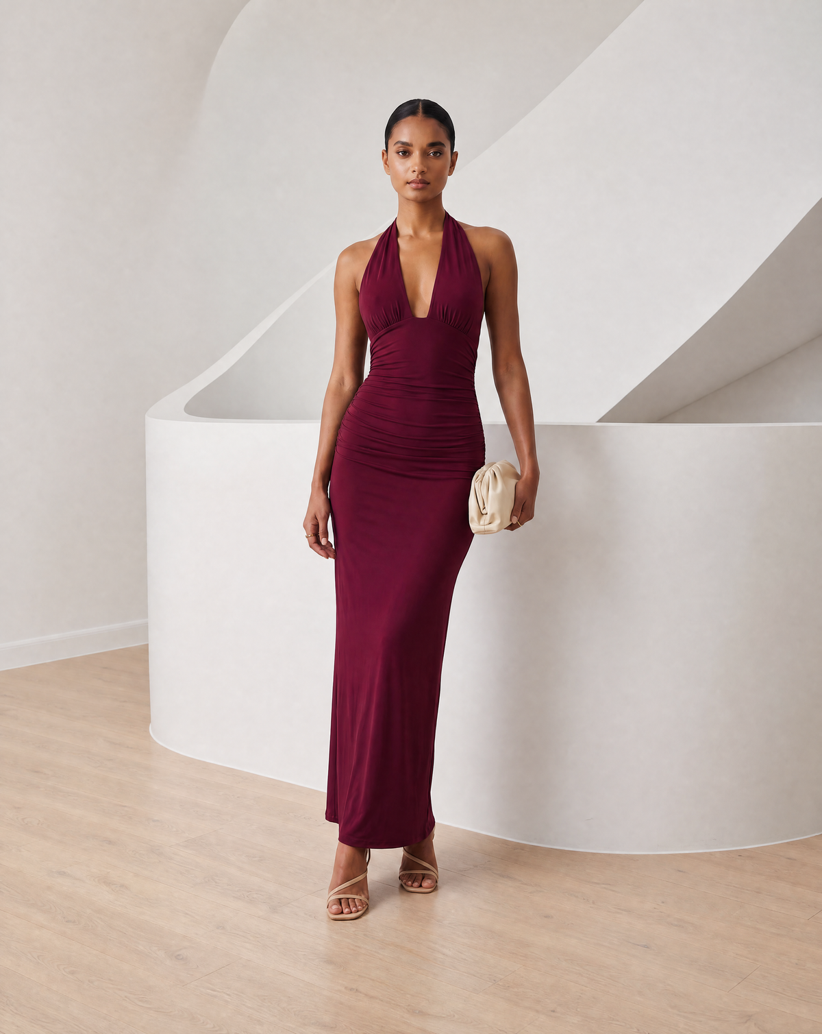 Burgundy Meridiane halter maxi dress, full length front view with ruched waist detail