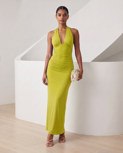 Matcha green Meridiane halter maxi with plunge neckline and ruched waist, front view