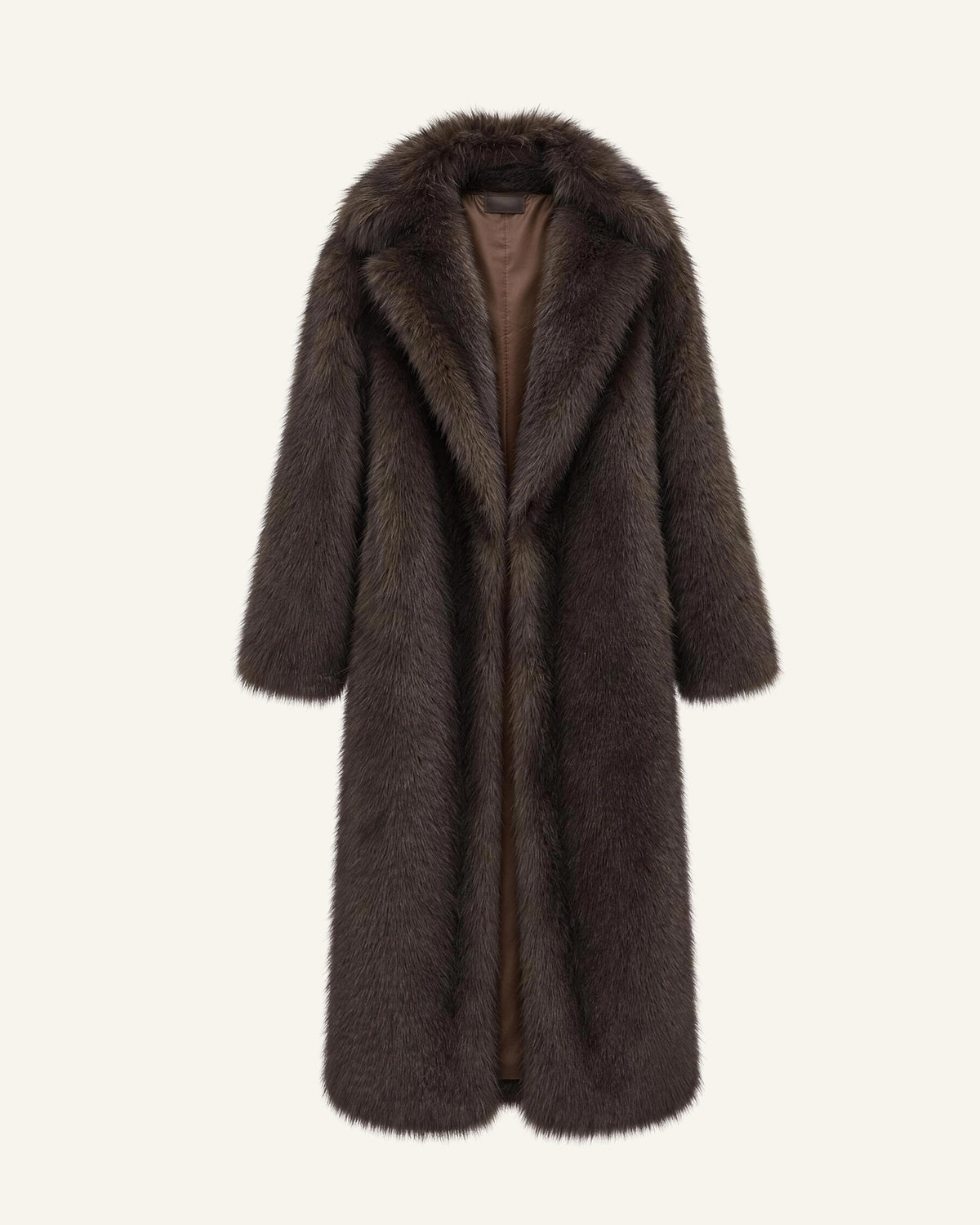 The Mirella longline faux-fur coat in bitter chocolate shown alone on a bone background, front view