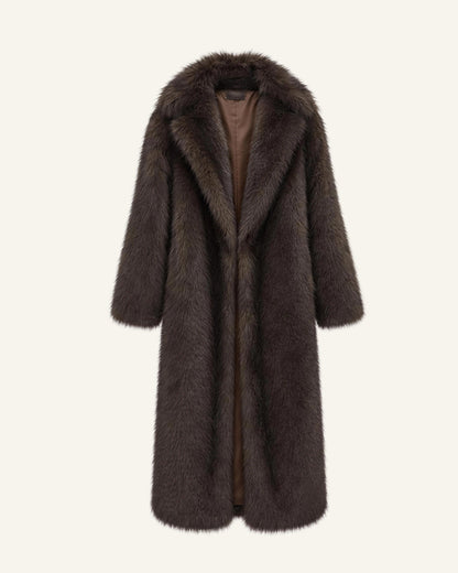 The Mirella longline faux-fur coat in bitter chocolate shown alone on a bone background, front view