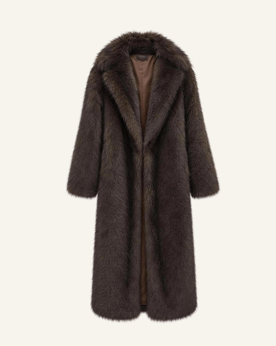 Mirella longline faux-fur coat in bitter chocolate worn open over a black knit midi dress, full length