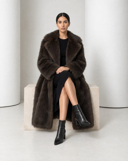 Model seated in the Mirella bitter chocolate faux-fur coat, legs crossed and the coat falling around her