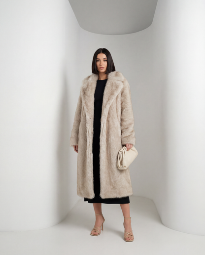 Beige faux-fur coat worn open with a cream pouch clutch, straight-on front view in a white studio
