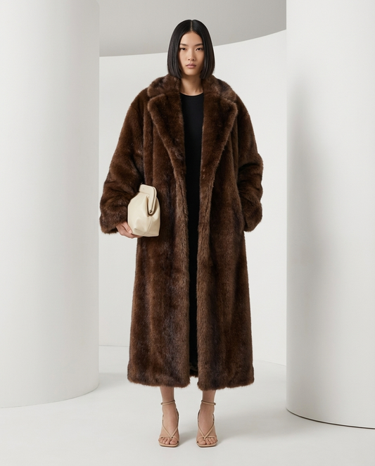 Bitter chocolate Mirella longline faux-fur coat worn open over a black midi dress, full length