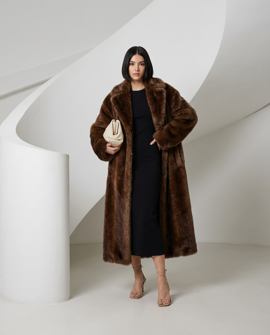 Bitter chocolate faux-fur coat over a black column dress, three-quarter view on a curved staircase set