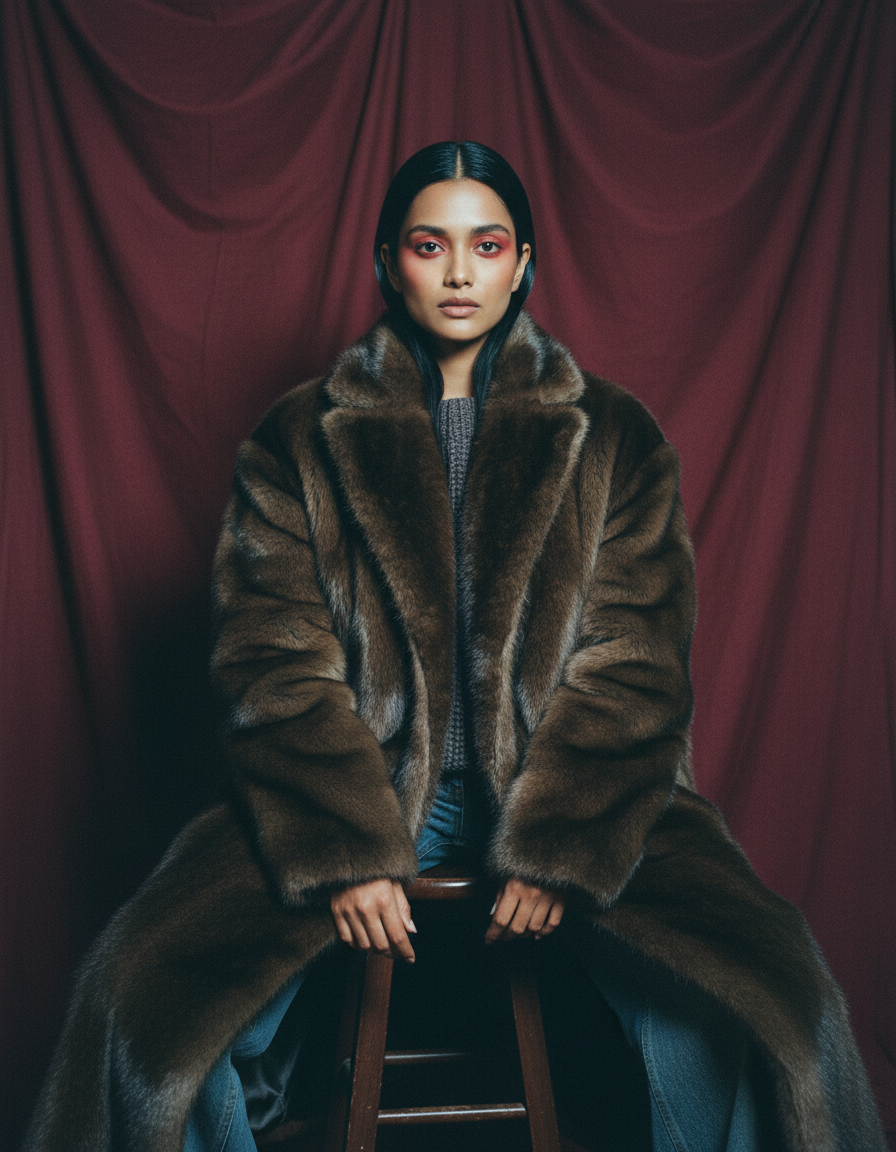 Bitter chocolate faux-fur coat worn oversized over a grey knit and jeans, seated against a red drape