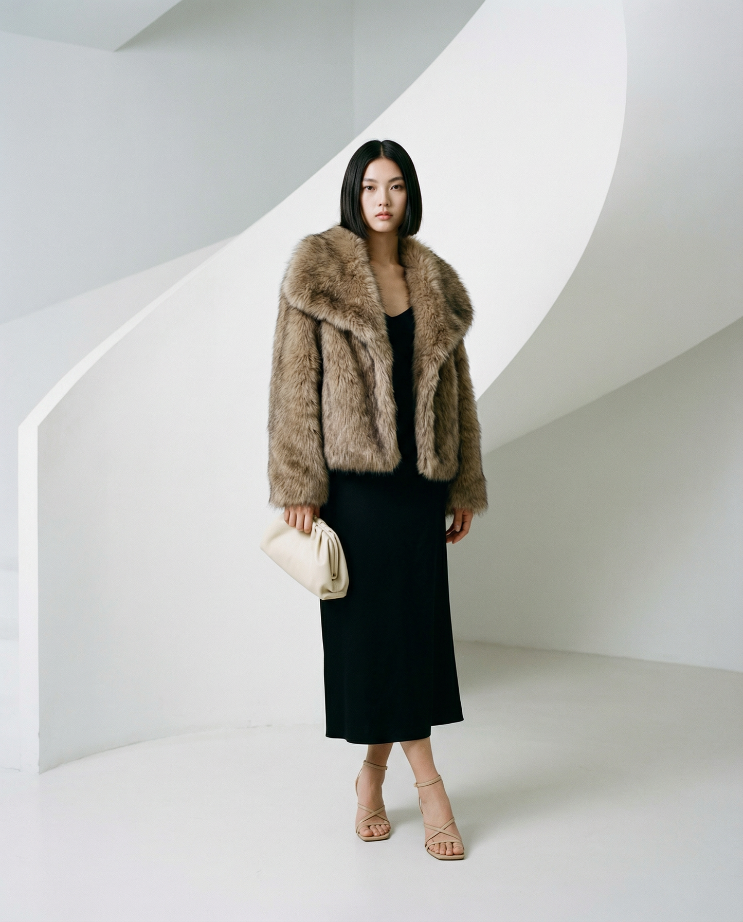 Amber Fox Neriah plush faux-fur jacket with an oversized collar, worn open over a black column dress