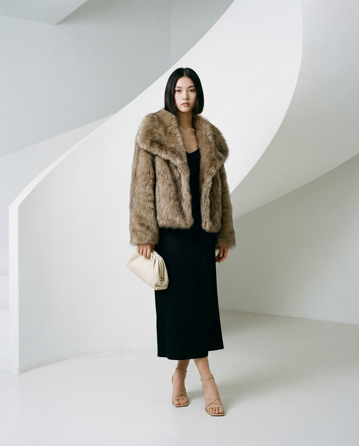 Amber Fox Neriah plush faux-fur jacket with an oversized collar, worn open over a black column dress