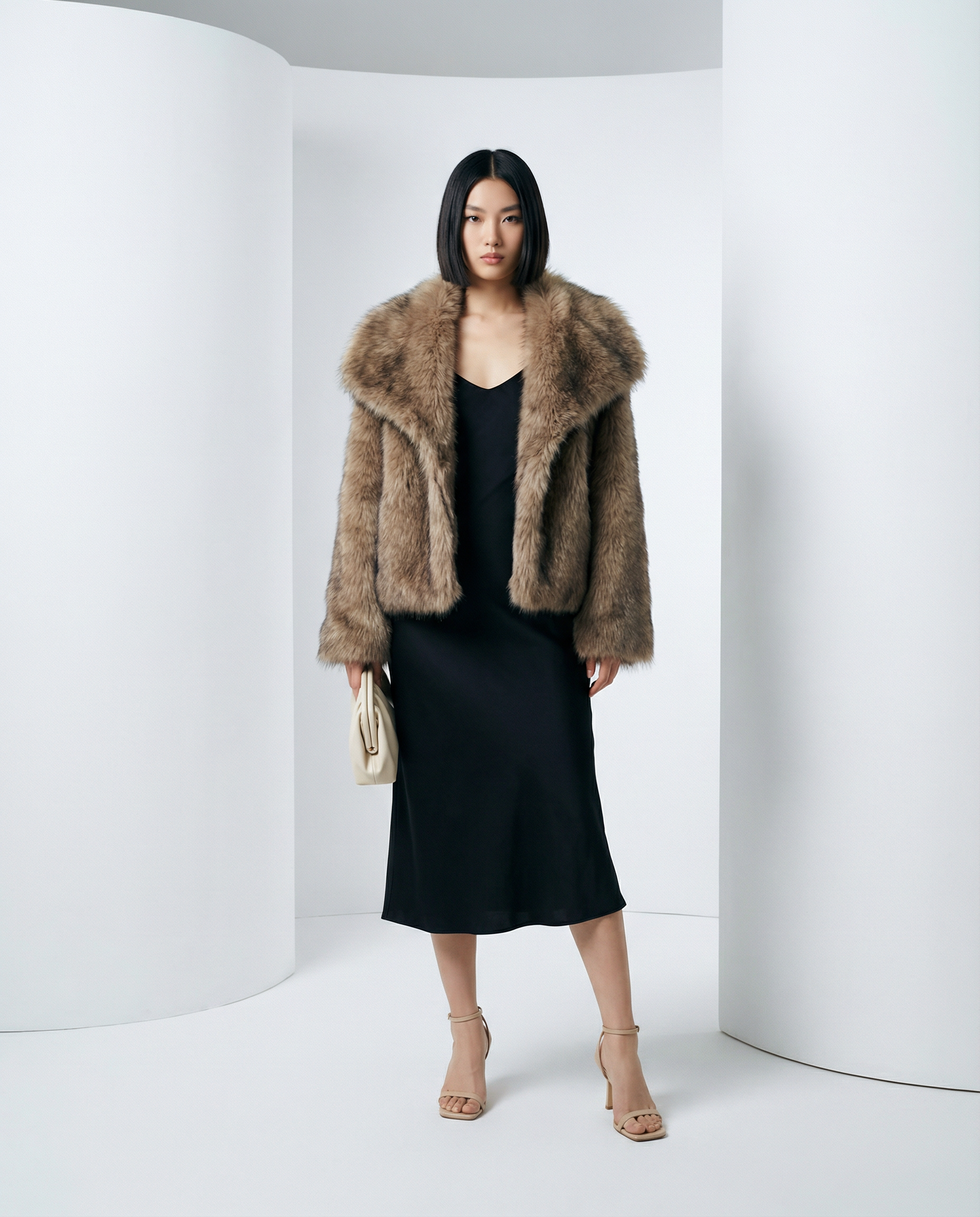 Neriah jacket in Amber Fox faux fur, tawny blonde pile, styled over a black slip midi dress