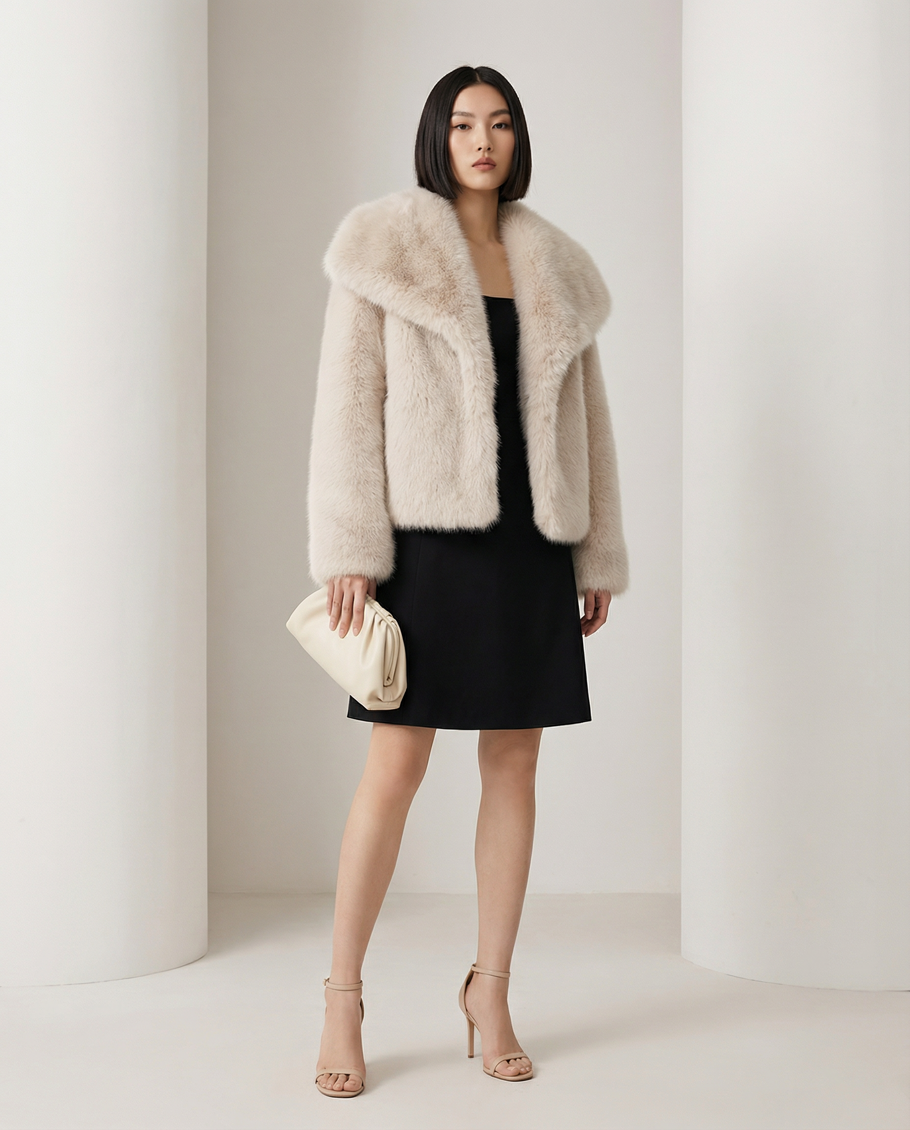 Beige Neriah plush faux-fur jacket worn open over a short black mini dress, full length