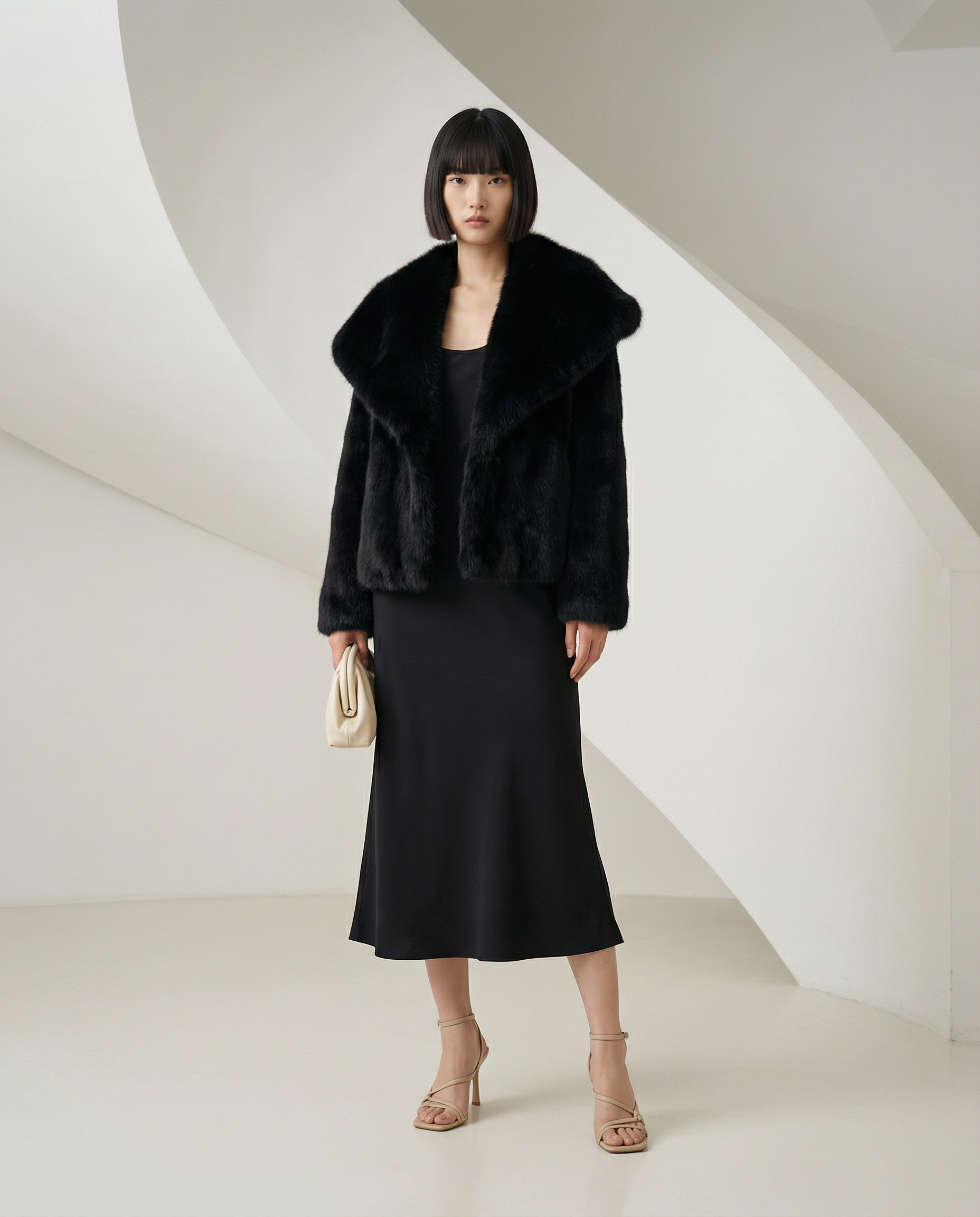 Black Neriah plush faux-fur jacket, wide collar turned out over a black midi dress, full length