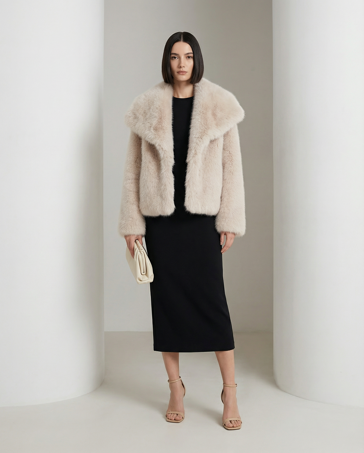 Pale cream cropped faux-fur jacket with an oversized collar, worn over a black column midi dress
