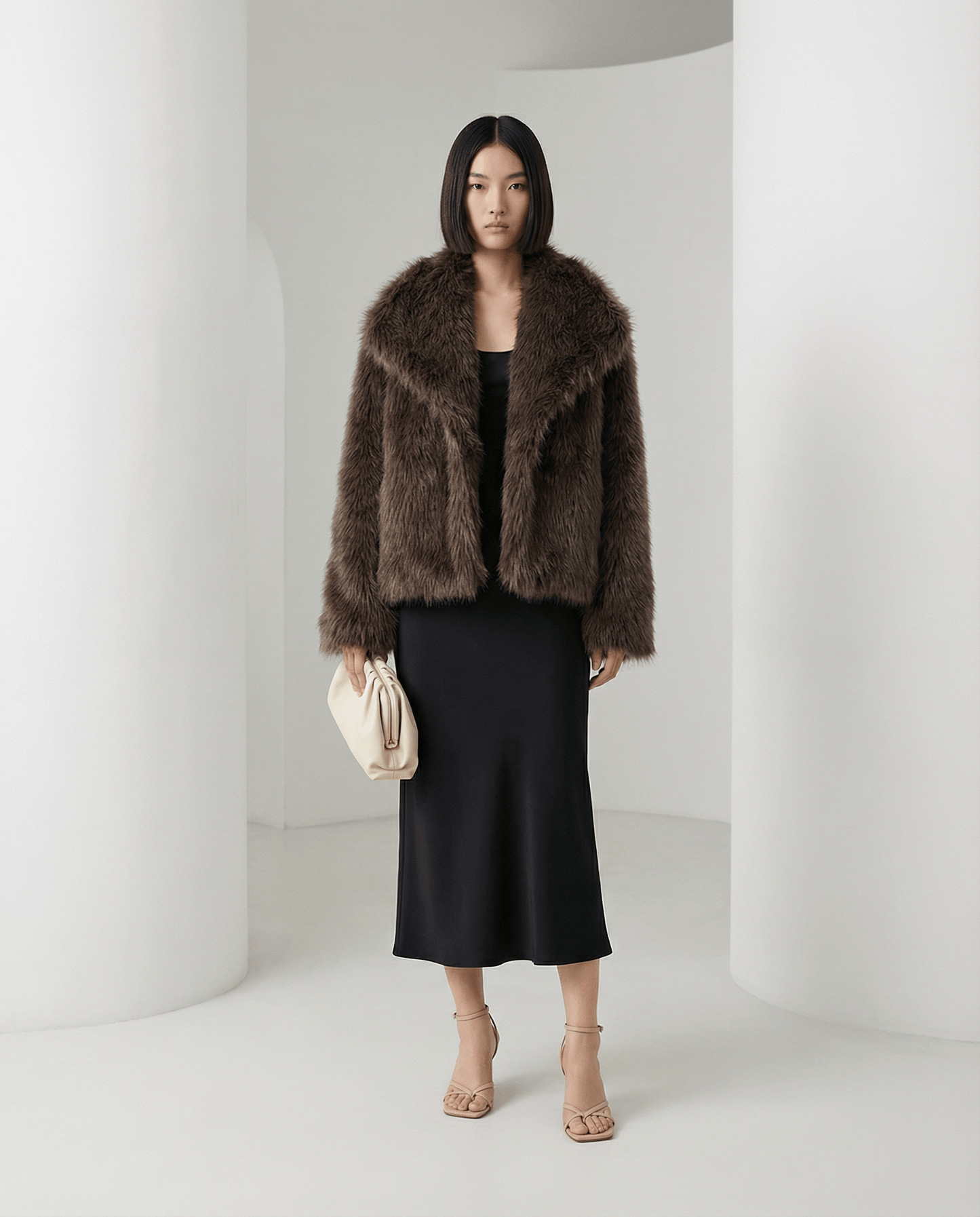 Neriah faux-fur jacket in chocolate brown with a wide shawl collar, styled with a black bias midi dress