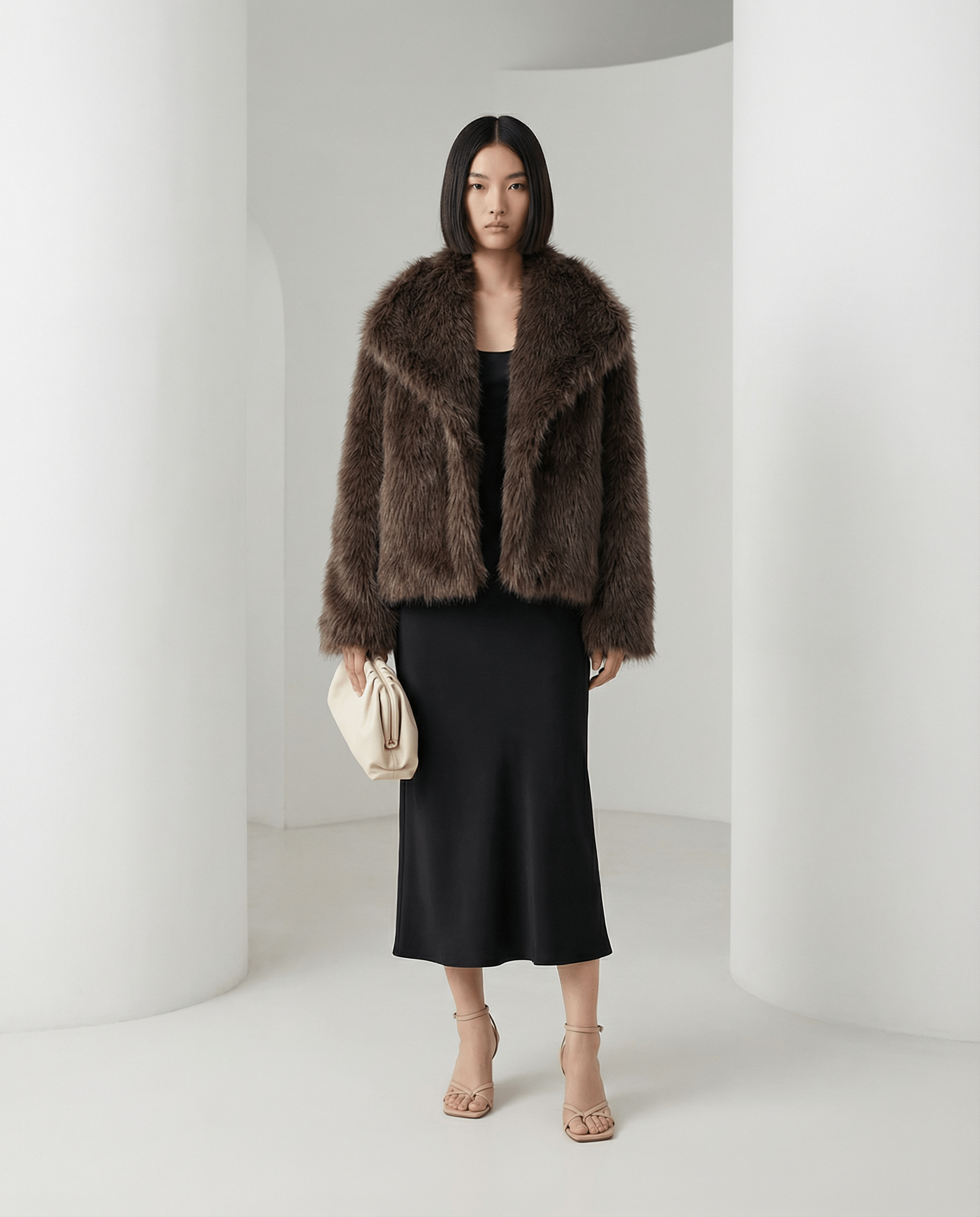 Neriah faux-fur jacket in chocolate brown with a wide shawl collar, styled with a black bias midi dress
