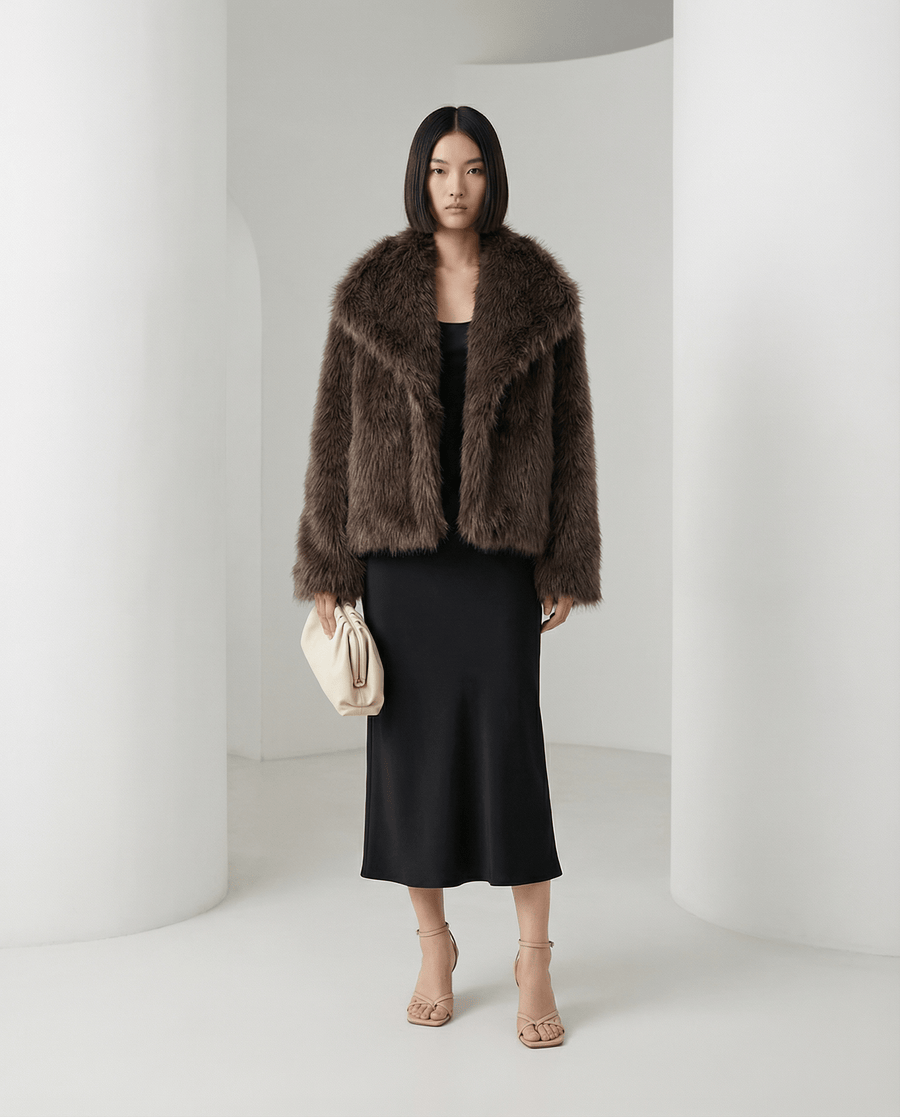 Chocolate brown Neriah plush faux-fur jacket worn open over a black slip midi dress, full length