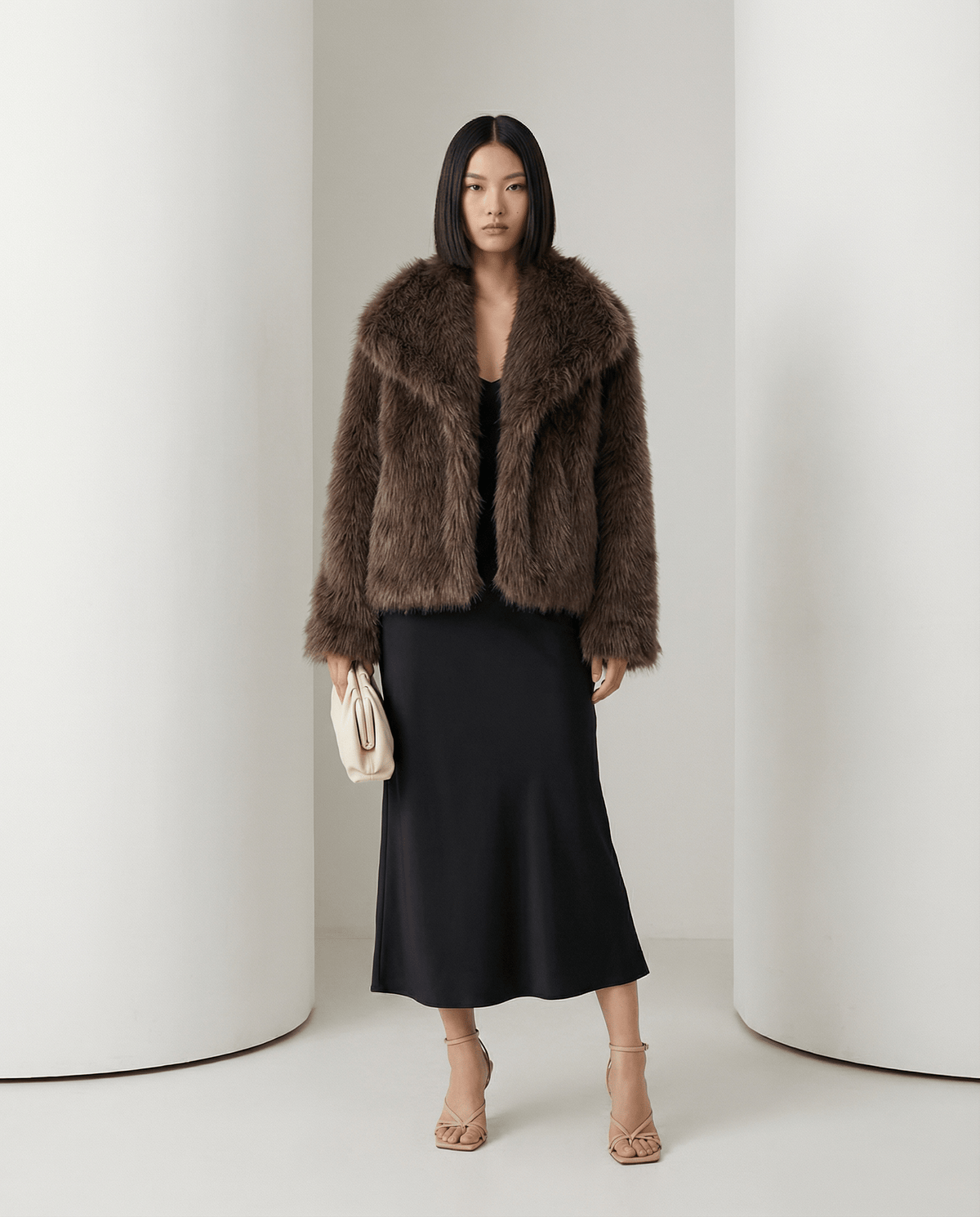 Chocolate brown cropped faux-fur jacket, three-quarter view with a cream clutch held at the hip
