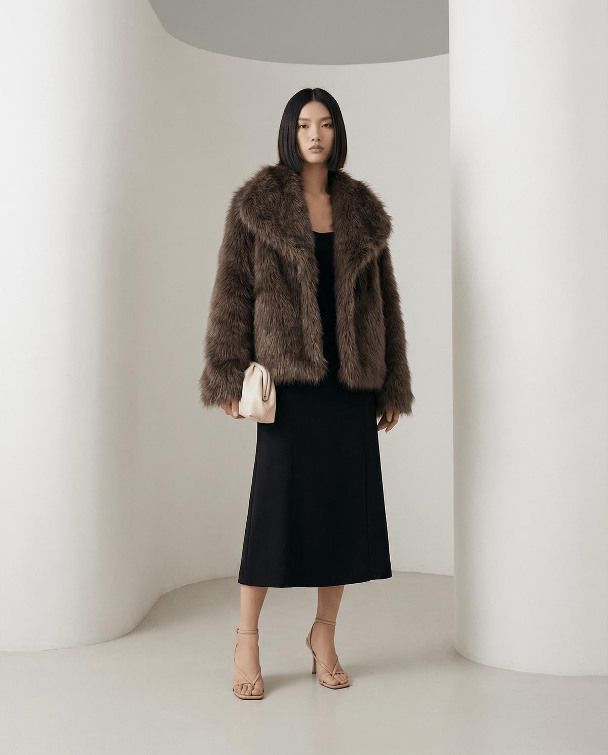Cropped chocolate brown faux-fur jacket over a black midi dress, standing full length in a white studio