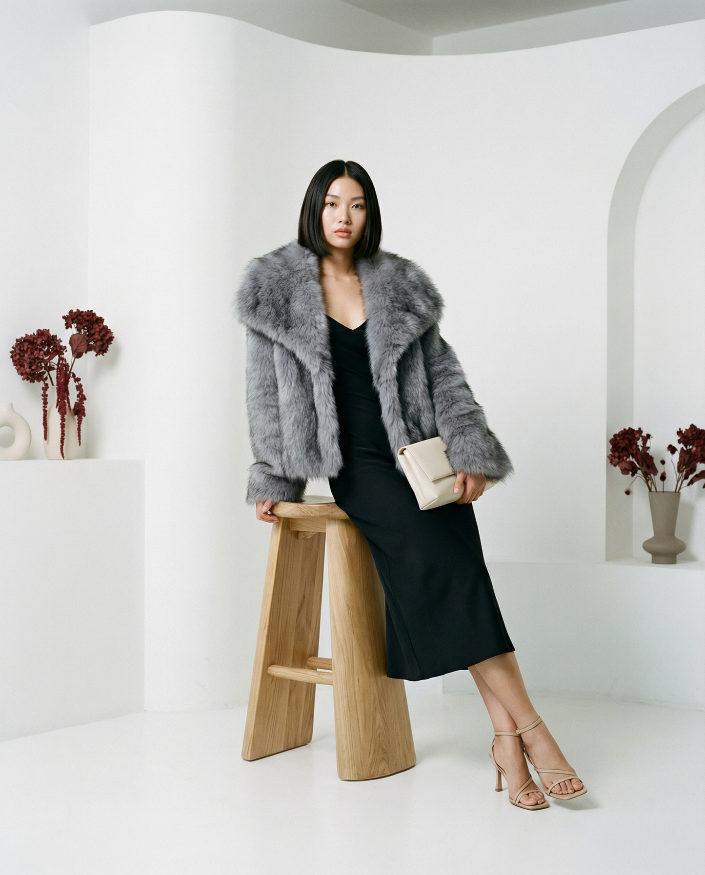 Gray Neriah plush faux-fur jacket worn leaning on a wooden stool beside a black midi dress