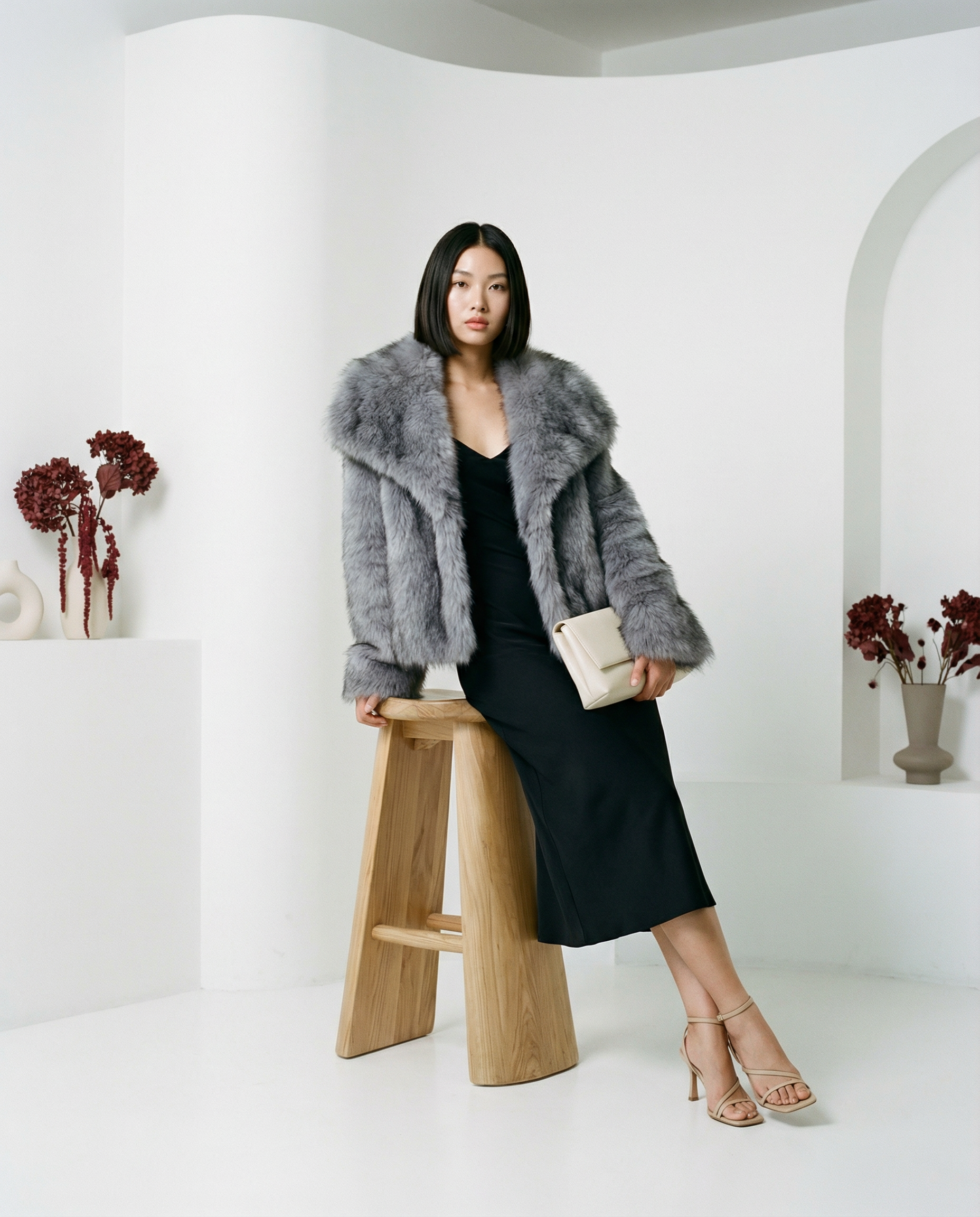 Gray Neriah plush faux-fur jacket worn leaning on a wooden stool beside a black midi dress