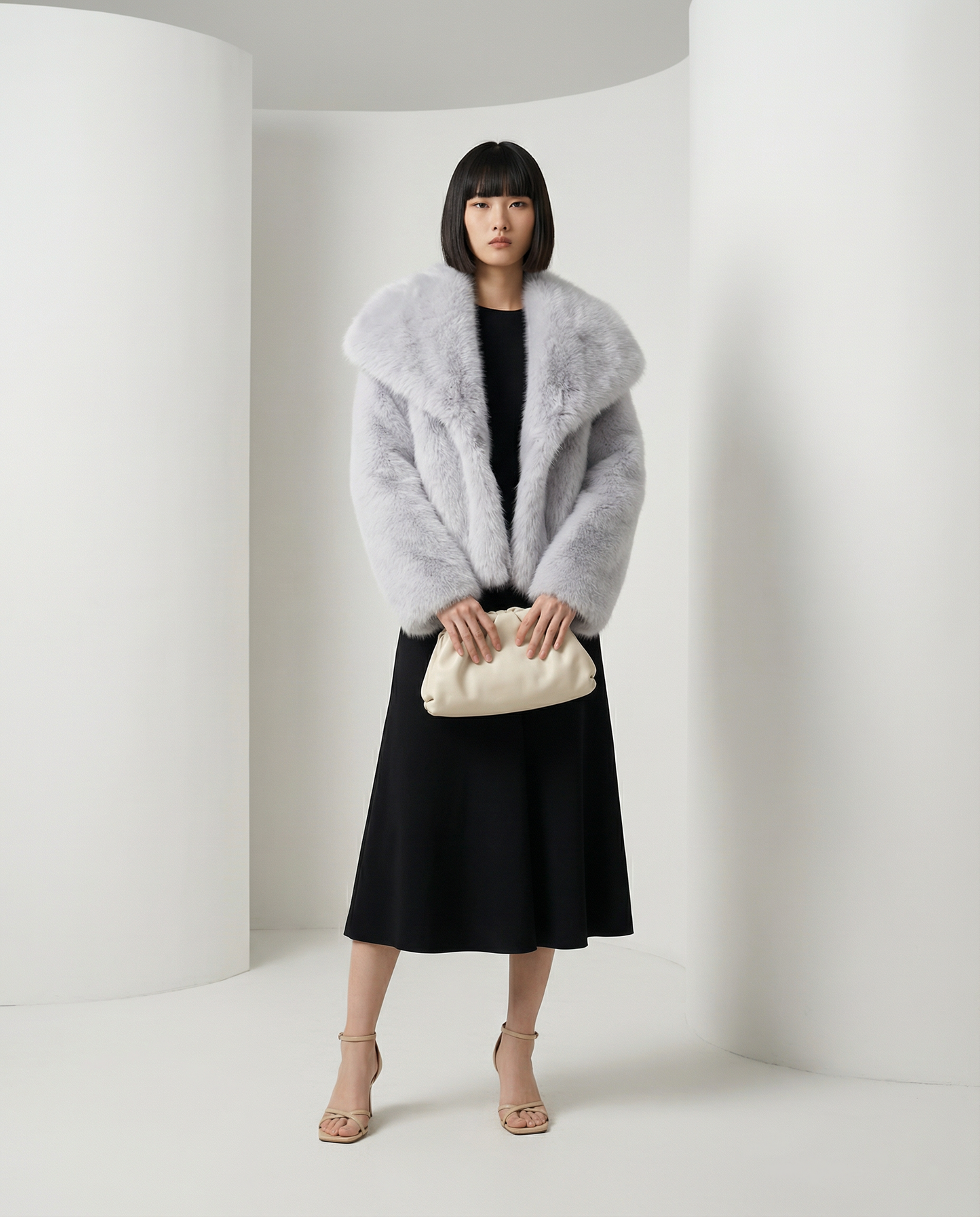 Pale silver-grey Neriah faux-fur jacket held closed with a cream clutch in both hands at the waist