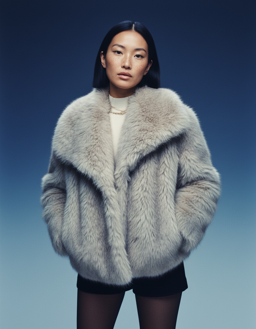 Pale silver-grey faux-fur jacket, waist-up crop showing the deep collar and plush pile texture