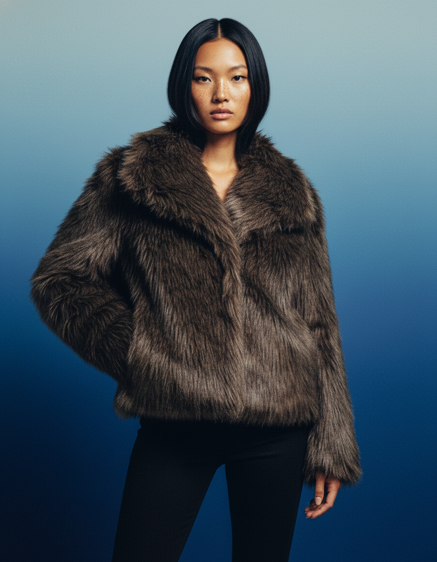Dark brown long-pile faux-fur jacket worn over black trousers against a deep blue backdrop