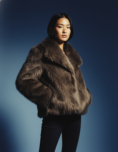 Dark brown shaggy faux-fur jacket, three-quarter view with a hand on the hip and black trousers